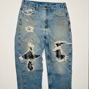 Vintage Carhartt Destroyed Distressed Flannel Lined Workwear Jeans 34 x 36